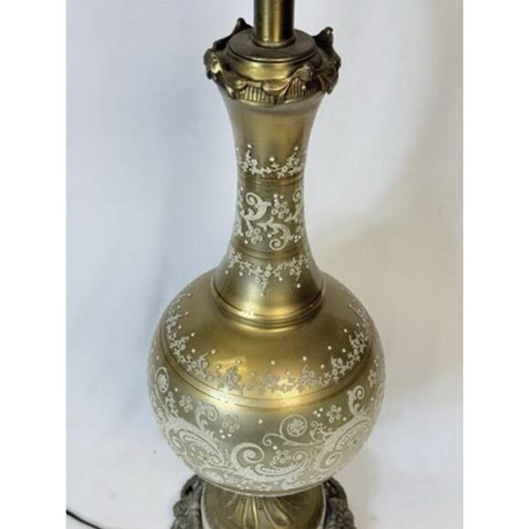 38” Vintage Hollywood Regency Lamp Brass Glass Hand Painted Gold White Tall - Picture 2 of 4